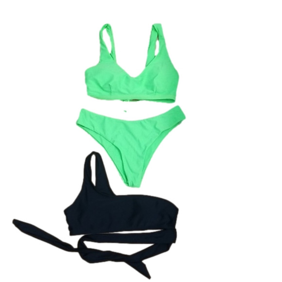 Shein Bikini Tops Bottom 3 piece Neon  Black  Criss Cross Back Wrap Womens Small - Picture 1 of 9